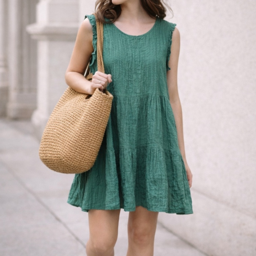 Sonoma Sleeveless Tiered Below Knee Dress Sz M Seafoam Green POCKETS Boho Breezy